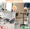 A split image showing a messy salon area on the left and an organized salon area with a rolling cart on the right. Voir les images du produit