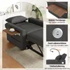 A multi-panel image showcasing the features of a gray sofa bed, including a pull-out table, USB charging ports, and a phone holder. Podgląd zdjęcia produktu