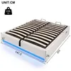 A white bed frame with LED lighting and dimensions labeled. Produktbild-Vorschau