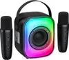 A black karaoke speaker with colorful LED lights and two black microphones. Podgląd zdjęcia produktu