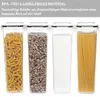 Four transparent food storage containers filled with different dry goods: pasta, mixed grains, sugar, and spaghetti. Produktbild-Vorschau