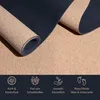 A rolled-up yoga mat with a cork surface and a dark blue underside, displayed against a textured background. Below the mat are four icons with accompanying German text highlighting product features. Produktbild-Vorschau