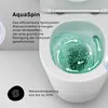 A close-up view of a toilet bowl with water swirling inside, illustrating the AquaSpin flushing system. Text overlays describe the features and benefits. Produktbild-Vorschau