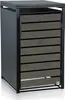 A dark gray trash can enclosure with a slatted door in a wood-like finish, shown against a white background. Produktbild-Vorschau