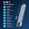 A product shot of a USB-C hub with text listing its features against a dark blue background. Produktbild-Vorschau