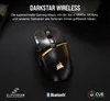 A black wireless gaming mouse with orange accents is shown on a dark surface, with marketing text and logos above and below. Produktbild-Vorschau