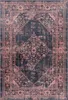 A top-down view of a rectangular rug with a distressed, vintage-inspired pattern.