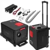 A collection of diesel heater components and two units of the heater itself, one with a trolley handle and wheels. Voir les images du produit