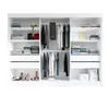 A white wardrobe with multiple shelves and hanging rods, organized with folded clothes, shoes, and storage boxes. Produktbild-Vorschau