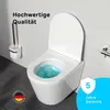 A modern white wall-mounted toilet with blue water in the bowl, a toilet brush holder on the wall, and marketing text and graphics. Produktbild-Vorschau