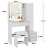 A white vanity table with a lighted mirror and a stool, with dimensions indicated by measurement lines and numbers. Produktbild-Vorschau
