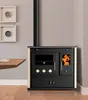 A wood-burning stove with an oven and a glass door showing flames, placed in a room with a table and wall decorations. Náhled obrázku produktu