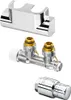 A set of plumbing fixtures for a radiator, including a mounting bracket, a valve manifold, and a thermostatic valve head. Anteprima dell’immagine prodotto
