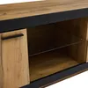 A close-up view of a wooden TV cabinet with black accents and a glass shelf. Anteprima dell’immagine prodotto