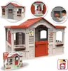 A collage of images showcasing a children's playhouse, including close-ups of its features and children interacting with it. Produktbild-Vorschau