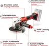 A cordless angle grinder with various features highlighted by text labels and lines. Produktbild-Vorschau