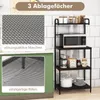 A collage of images showing a black metal kitchen shelf unit with a microwave and various kitchen items, along with close-ups of the shelf material. Anteprima dell’immagine prodotto