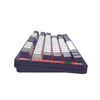 A side view of a mechanical keyboard with purple and white keycaps, set against a white background. Produktbild-Vorschau