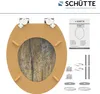 A toilet seat with a wood-grain pattern and its mounting hardware, presented on a white background. Náhled obrázku produktu