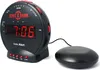A black Sonic Bomb alarm clock with a red digital display and a separate vibrating disc. Produktbild-Vorschau