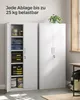 Two white metal storage cabinets are shown, one with its door open revealing shelves filled with various items. A plant sits on top of the closed cabinet. Produktbild-Vorschau