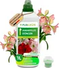 A bottle of liquid fertilizer for amaryllis flowers, surrounded by pink flowers. Produktbild-Vorschau