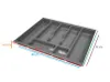 A gray cutlery organizer tray with dimensions indicated by colored lines and text. Produktbild-Vorschau