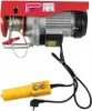 A red electric hoist with a yellow remote control and power cord, isolated on a white background. Podgląd zdjęcia produktu