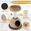 A cat tree with various features highlighted by callouts and text. Produktbild-Vorschau