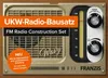 A close-up marketing image of a retro-style FM radio construction set, featuring prominent text overlays and product details. Podgląd zdjęcia produktu