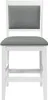 A front view of a white bar stool with a gray upholstered seat and back. Podgląd zdjęcia produktu