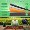 A diagram showing the layers of a seedling heat mat, and a separate image of a seedling greenhouse with a heat mat underneath. Náhled obrázku produktu