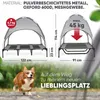 A dog bed with a canopy, shown with dimensions and weight capacity, and a dog running in the foreground. Produktbild-Vorschau