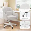 A white office chair is shown in a home office setting with a desk and window in the background. Insets highlight features of the chair. Voir les images du produit