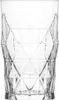 A clear, front-facing studio shot of a glass tumbler with a geometric pattern. Voir les images du produit