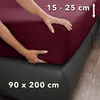 Hands are shown adjusting a burgundy fitted sheet on a mattress. Produktbild-Vorschau