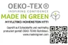 This is a marketing image for OEKO-TEX® MADE IN GREEN certified products, featuring a QR code and certification details. Produktbild-Vorschau