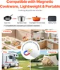 Collage of images showing different uses and compatible cookware for a portable induction cooktop. Náhled obrázku produktu