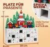 A wooden advent calendar with a Christmas village and train scene on top, featuring numbered drawers for gifts. Produktbild-Vorschau