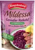 A pouch of Mildessa Genießer Rotkohl with apple pieces, showing a serving suggestion of the dish with meat and potatoes. Voir les images du produit