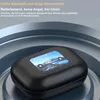 A black charging case for wireless earbuds with a small screen displaying a mountain landscape. Produktbild-Vorschau