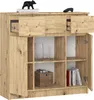 A wooden cabinet with doors and drawers, displaying decorative items and books. Produktbild-Vorschau