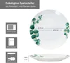 A plate with a eucalyptus leaf pattern, along with icons indicating its suitability for microwave, refrigerator, and dishwasher. Produktbild-Vorschau