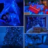 Collage of images showing blue LED string lights used in various festive and decorative settings. Produktbild-Vorschau