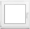 A white PVC window frame with a clear glass pane, shown from the front. Produktbild-Vorschau