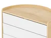A close-up view of the top corner of a white and natural wood jewelry organizer. Náhled obrázku produktu
