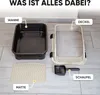 Disassembled parts of a cat litter box are laid out on a tiled floor, with labels pointing to each component. Produktbild-Vorschau