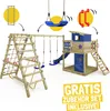 A composite image showing a wooden playground set with various accessories and promotional text. Náhled obrázku produktu