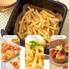 A collage of images showing different food items prepared using air fryer liners, including fries, pizza, and chicken. Produktbild-Vorschau