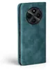A teal flip case for a smartphone is shown from the side, with the camera module visible. Produktbild-Vorschau